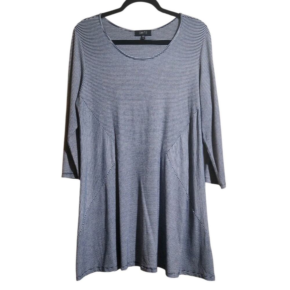 COMFY USA Stretch Striped Navy Blue White Casual Tee Dress Large Artsy Relaxed - Picture 2 of 9